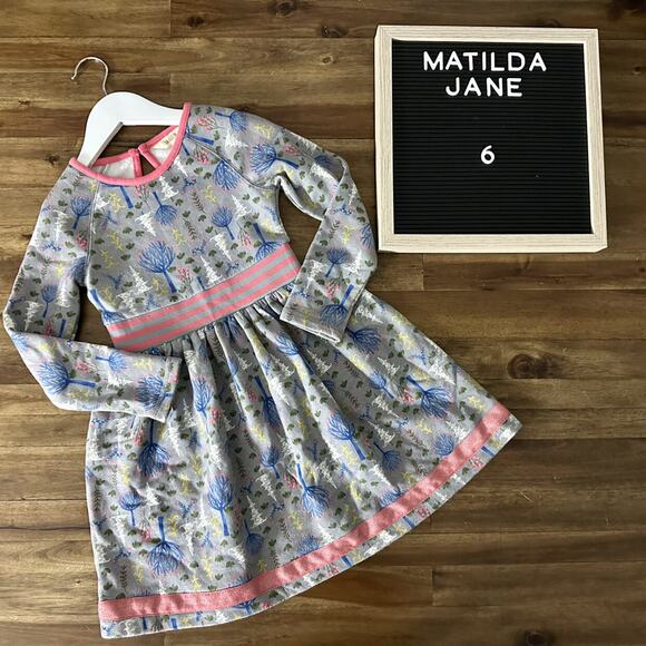 NEW Matilda Jane Make Believe Around Town Woodland Trees Gray Pink Knit Dress 6 - Picture 1 of 8